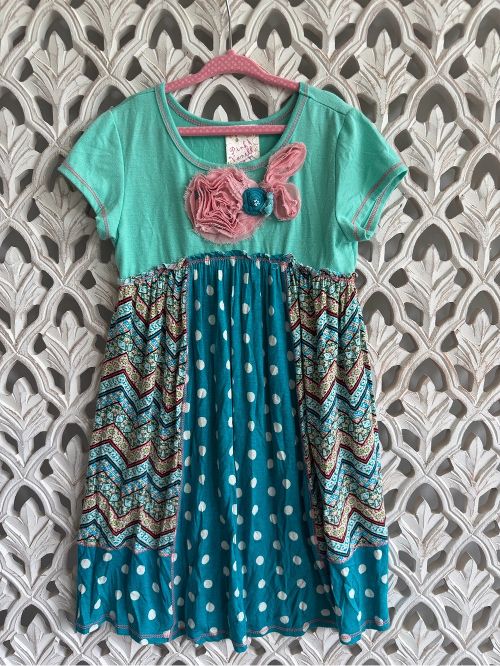 Pink Vanilla Girls Mixed Pattern Floral Applique Dress, size 7